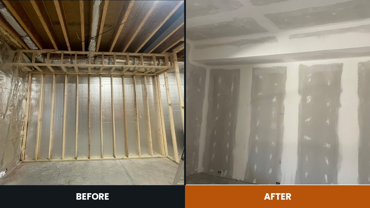 Before and after: a framed and insulated basement, then drywall hung, taped and finished