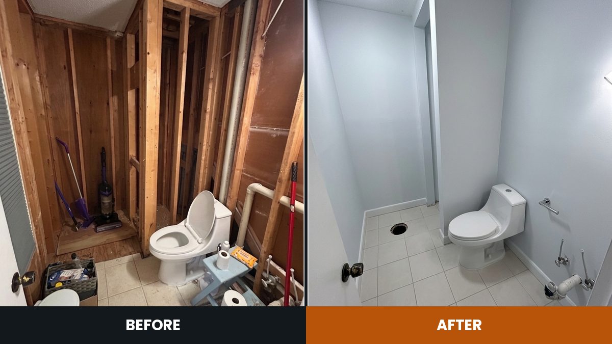 Before and after: a bathroom stripped to the studs, then finished with new drywall, tile and paint