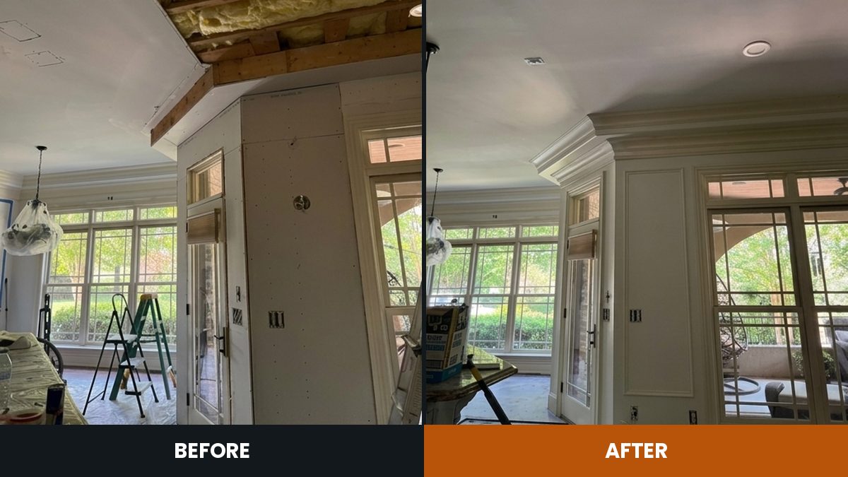 Before and after: a dining room ceiling opened to the joists with insulation exposed, then rebuilt, crown-moulded and painted