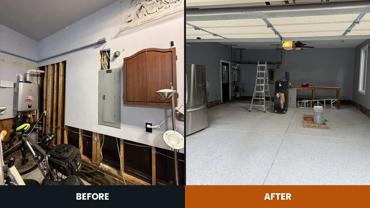Before and after: a garage wall with a flood cut and exposed studs, then re-boarded, finished and painted grey