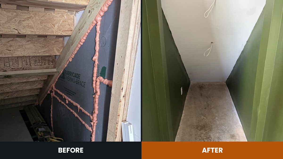 Before and after: a stairwell down to bare sheathing and spray foam, then boarded, finished and painted