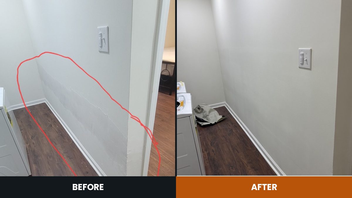 Before and after: a long settling crack circled in red along a laundry room wall, then repaired, sanded and repainted